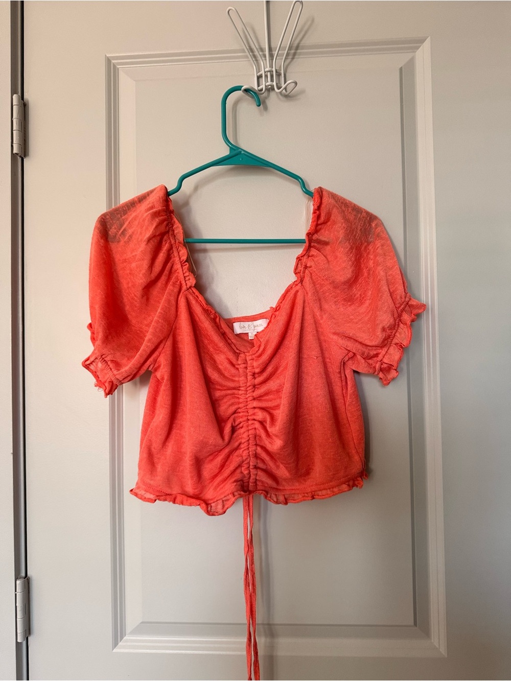 Coral Ruched Front Puff-Sleeve Crop Top